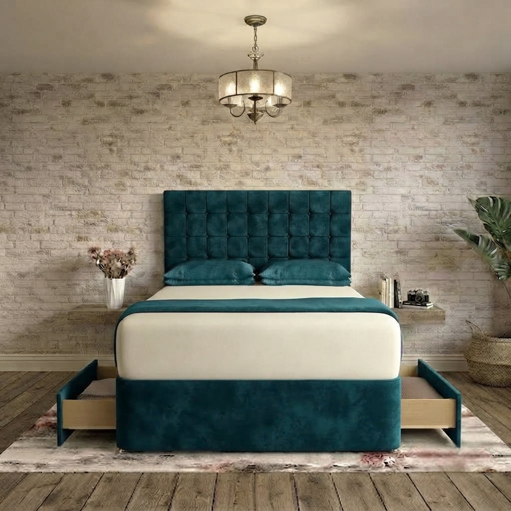 Cube Divan Bed - Teal Plush Velvet