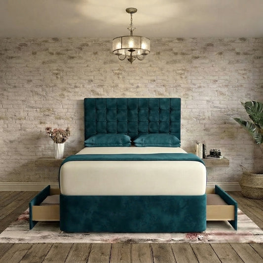 Cube Divan Bed - Teal Plush Velvet