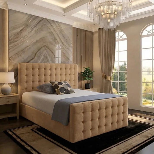 Cube Upholstered Ottoman Bed - Beige Plush Velvet