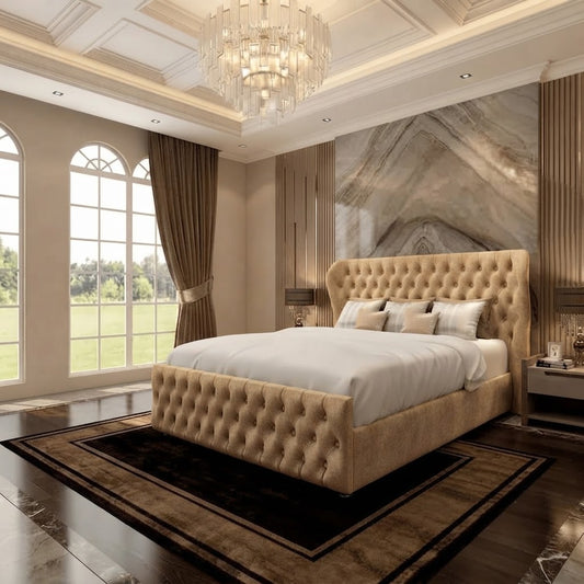 Cumbria Wingback Upholstered Ottoman Bed - Beige Plush Velvet
