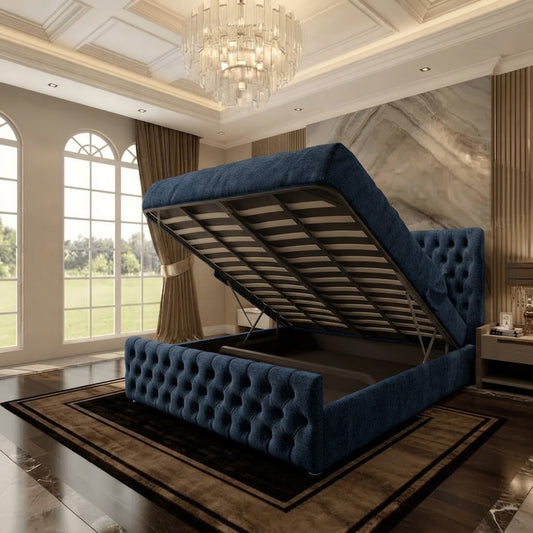 Cumbria Wingback Upholstered Ottoman Bed - Blue Chenille