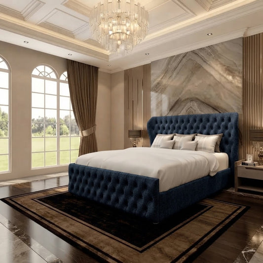 Cumbria Wingback Upholstered Ottoman Bed - Blue Chenille