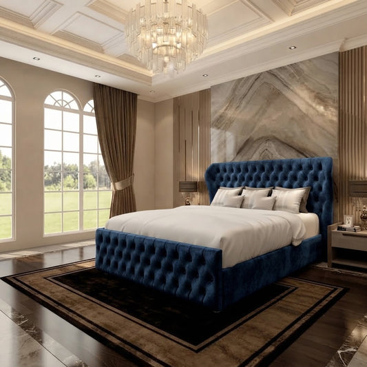 Cumbria Wingback Upholstered Ottoman Bed - Blue Naples