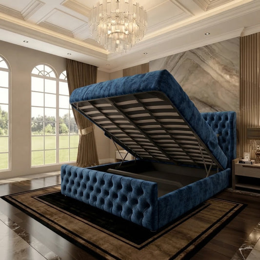 Cumbria Wingback Upholstered Ottoman Bed - Blue Naples
