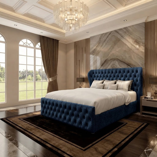 Cumbria Wingback Upholstered Ottoman Bed - Blue Plush Velvet