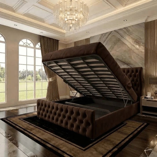 Cumbria Wingback Upholstered Ottoman Bed - Brown Naples