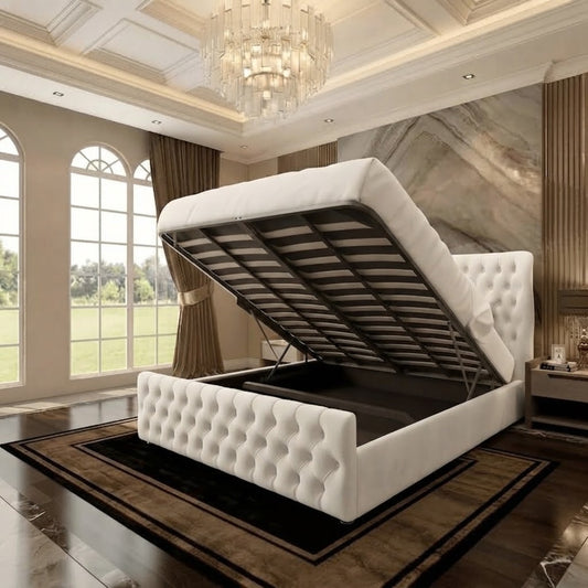 Cumbria Wingback Upholstered Ottoman Bed - Ivory Plush Velvet