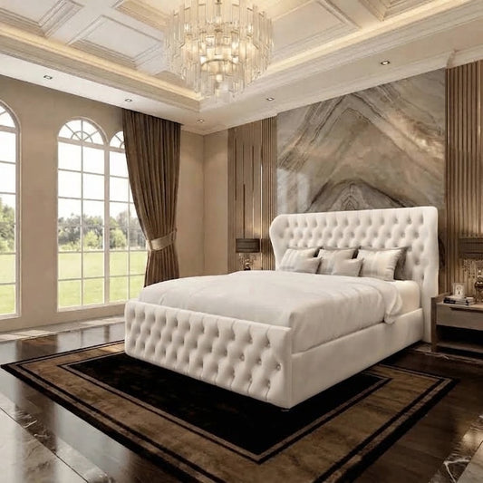 Cumbria Wingback Upholstered Ottoman Bed - Ivory Plush Velvet
