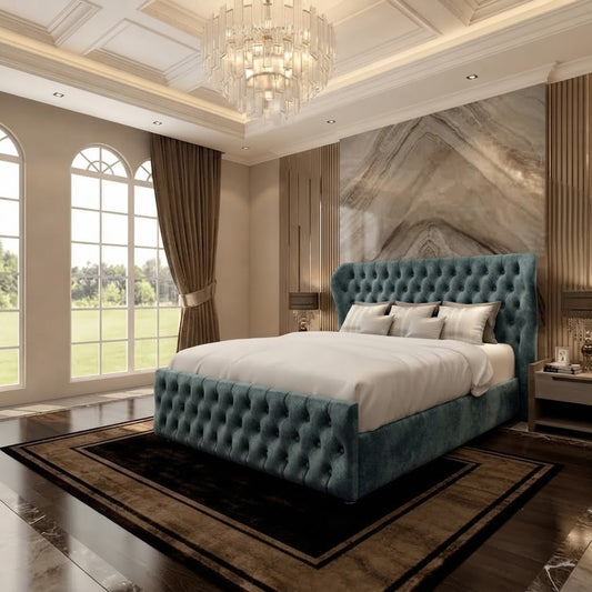 Cumbria Wingback Upholstered Ottoman Bed - Duck Egg Plush Velvet