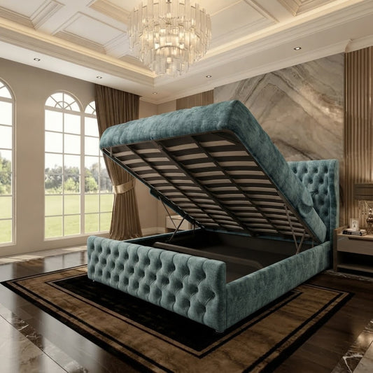 Cumbria Wingback Upholstered Ottoman Bed - Duck Egg Plush Velvet