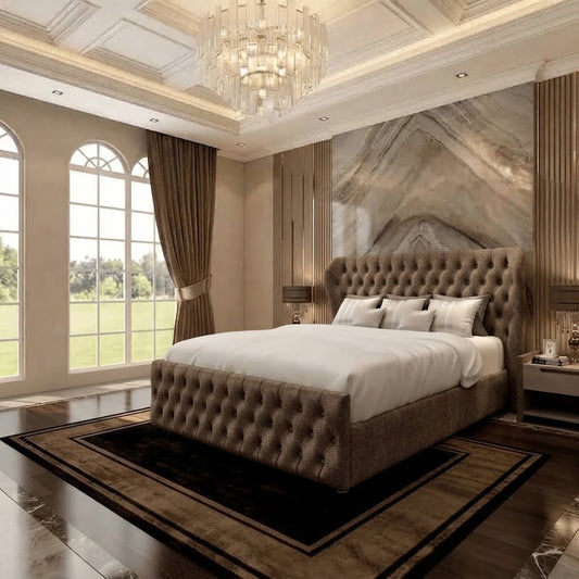 Cumbria Wingback Upholstered Ottoman Bed - Latte Wool