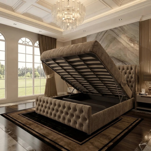 Cumbria Wingback Upholstered Ottoman Bed - Latte Wool