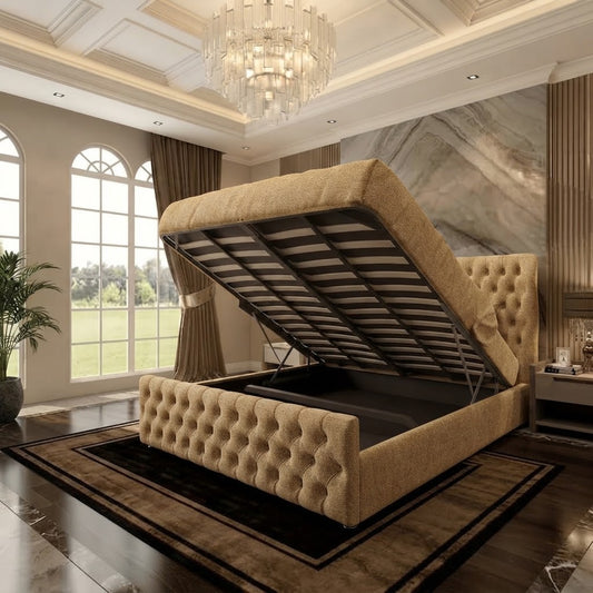 Cumbria Wingback Upholstered Ottoman Bed - Mink Chenille