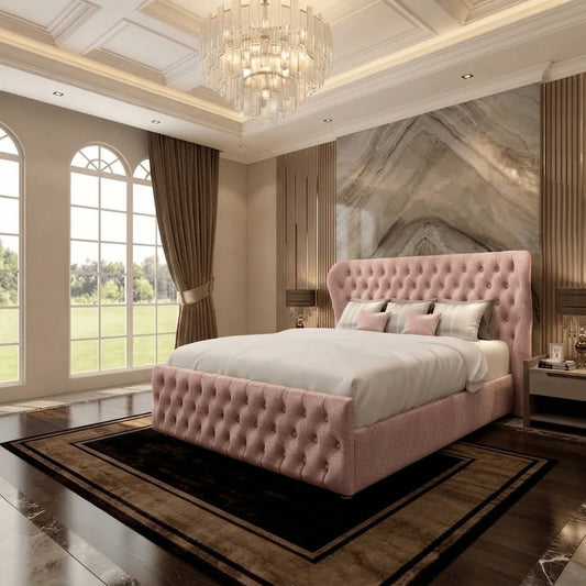 Cumbria Wingback Upholstered Ottoman Bed - Soft Pink Plush Velvet