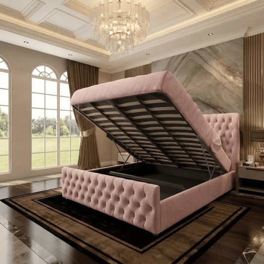 Cumbria Wingback Upholstered Ottoman Bed - Soft Pink Plush Velvet