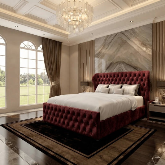 Cumbria Wingback Upholstered Ottoman Bed - Burgundy Plush Velvet