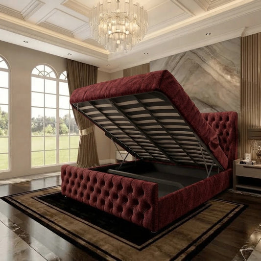 Cumbria Wingback Upholstered Ottoman Bed - Burgundy Plush Velvet
