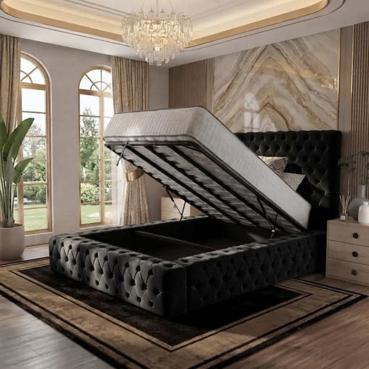 Diplomat Upholstered Ottoman Bed - Black Plush Velvet