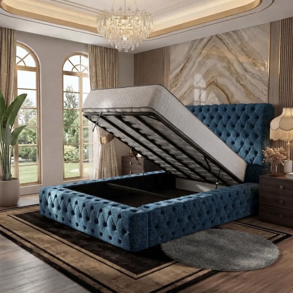 Diplomat Upholstered Ottoman Bed - Blue Chenille