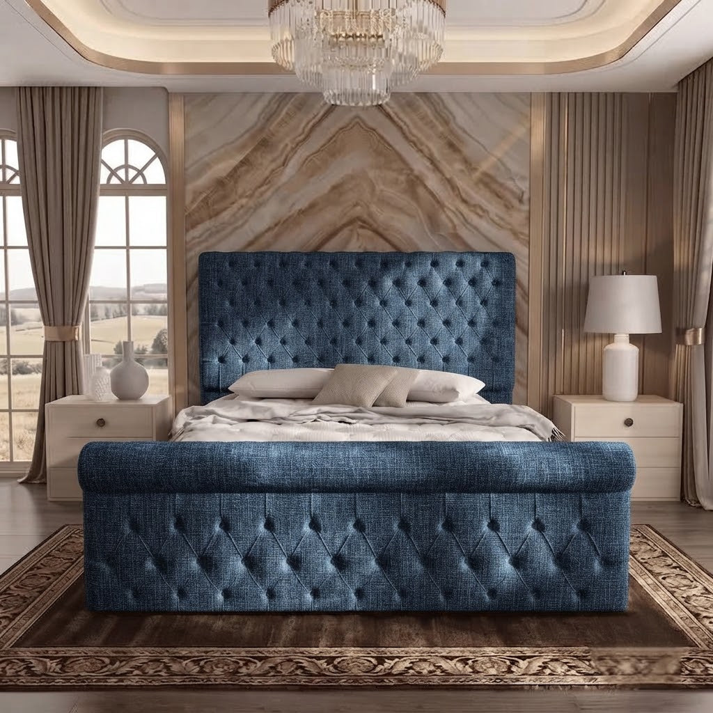 Diplomat Upholstered Ottoman Bed - Blue Chenille