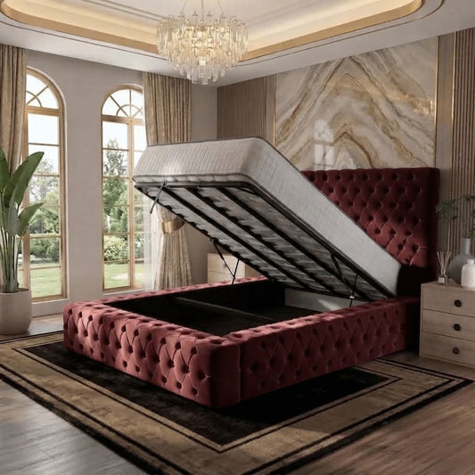 Diplomat Upholstered Ottoman Bed - Burgundy Plush Velvet