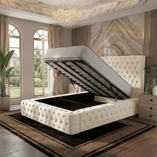 Diplomat Upholstered Ottoman Bed - Ivory Plush Velvet