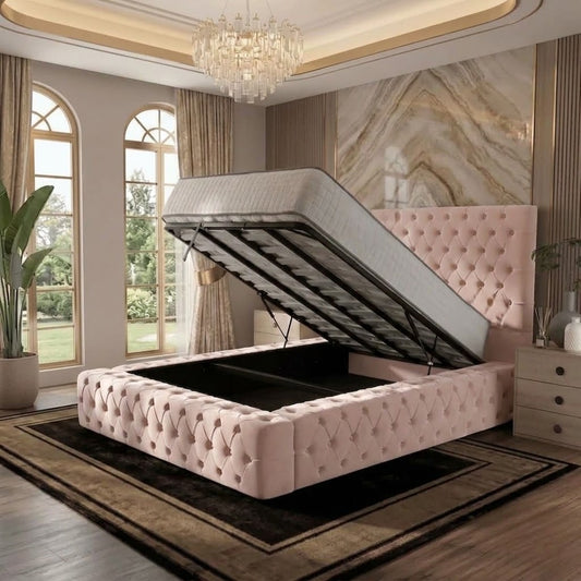 Diplomat Upholstered Ottoman Bed - Soft Pink Plush Velvet