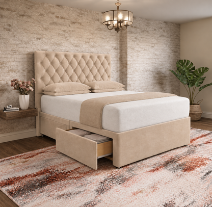 Mayfair Chesterfield Divan Bed - Beige Plush Velvet