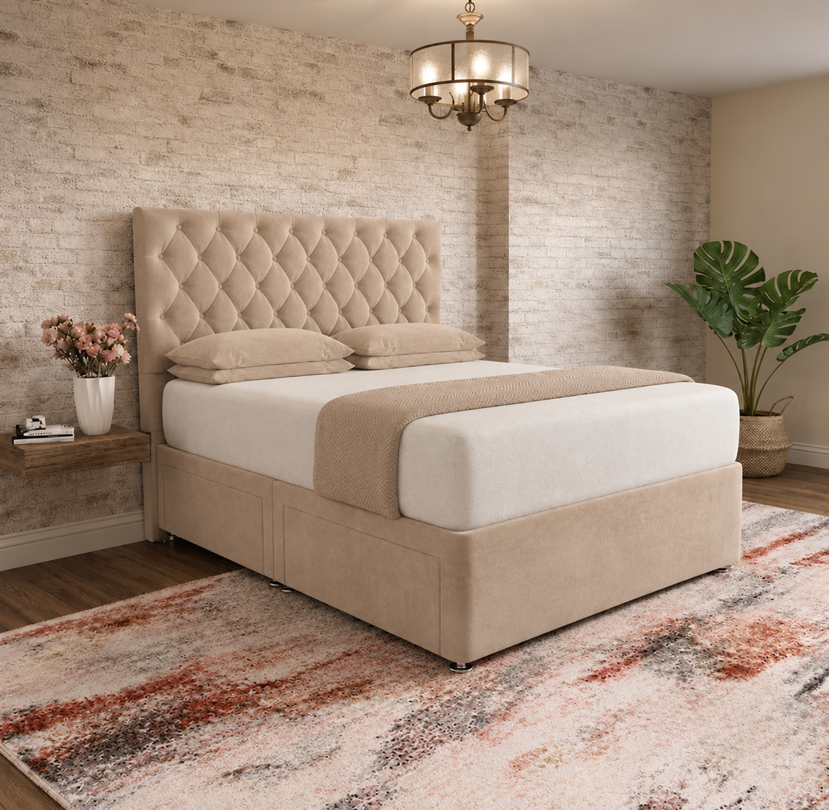 Mayfair Chesterfield Divan Bed - Beige Plush Velvet