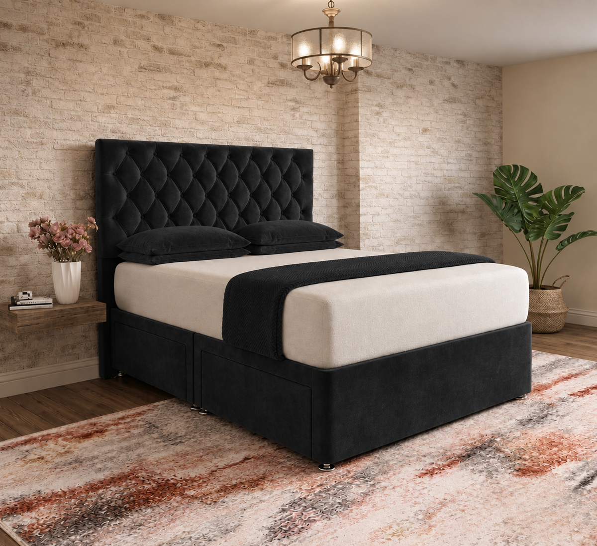 Mayfair Chesterfield Divan Bed - Black Plush Velvet