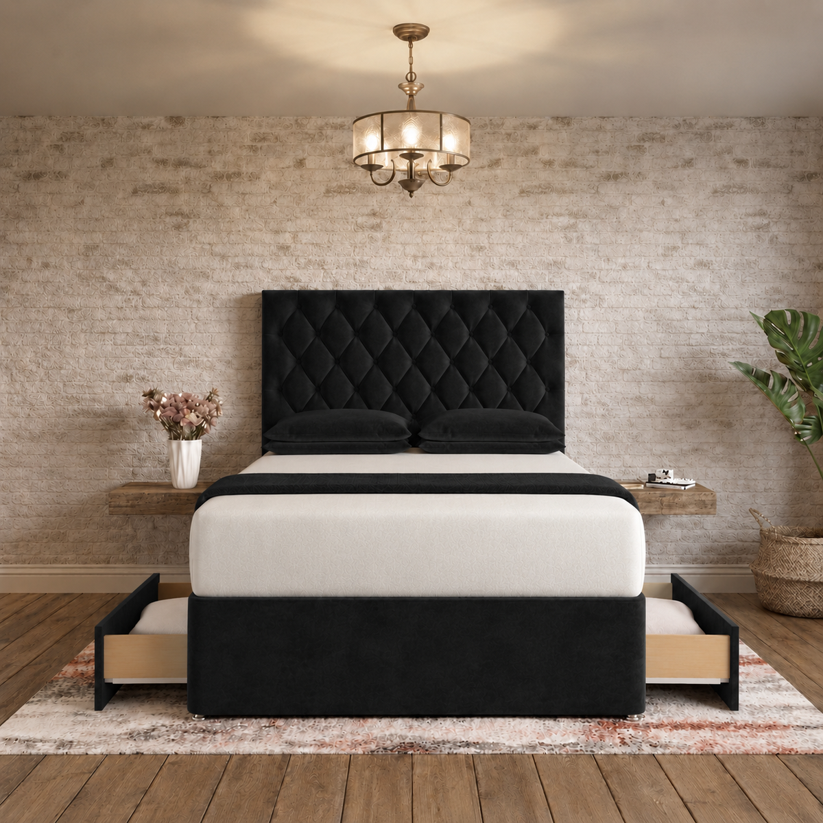 Mayfair Chesterfield Divan Bed - Black Plush Velvet