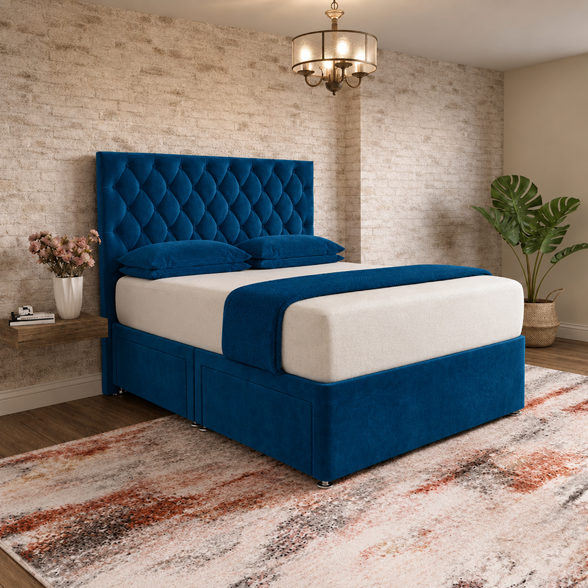 Mayfair Chesterfield Divan Bed - Blue Plush Velvet