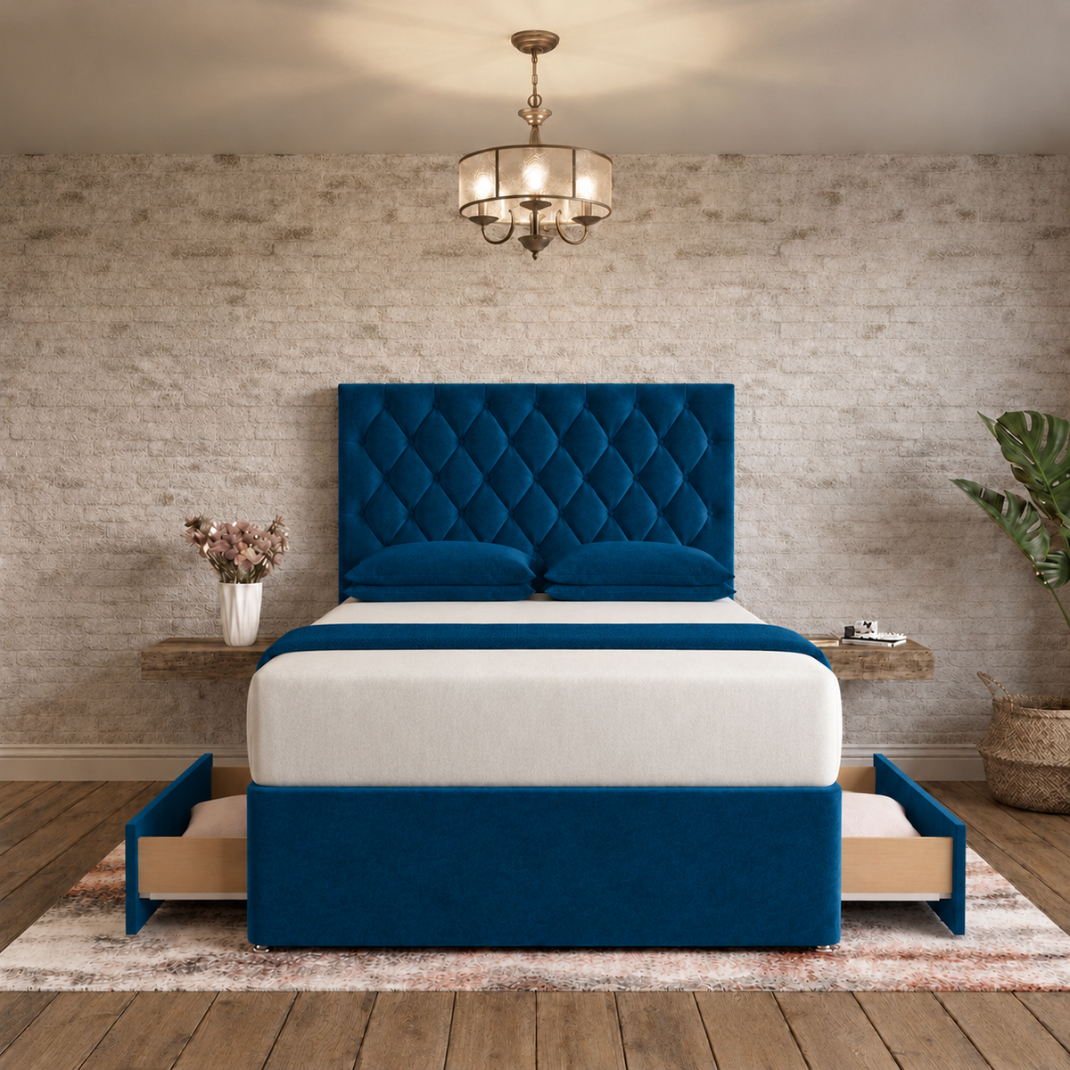 Mayfair Chesterfield Divan Bed - Blue Plush Velvet