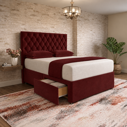 Mayfair Chesterfield Divan Bed - Burgundy Plush Velvet
