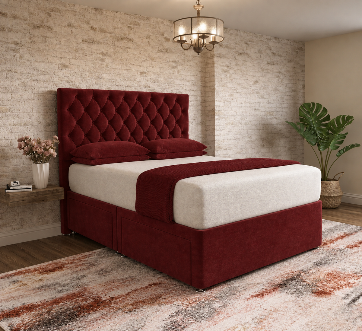 Mayfair Chesterfield Divan Bed - Burgundy Plush Velvet
