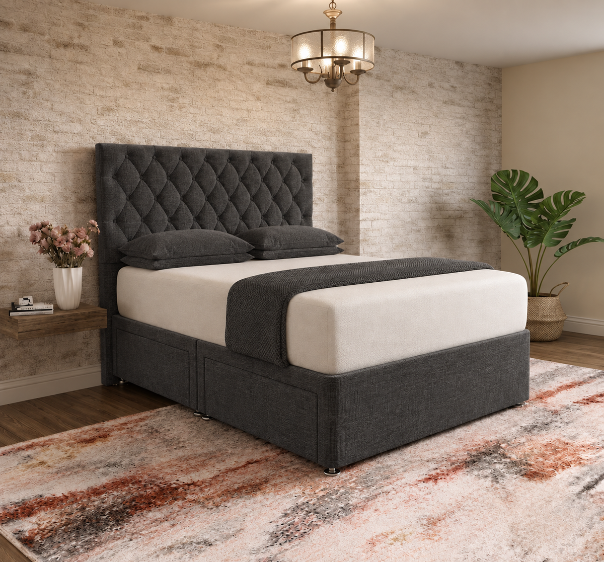 Mayfair Chesterfield Divan Bed - Charcoal Linen