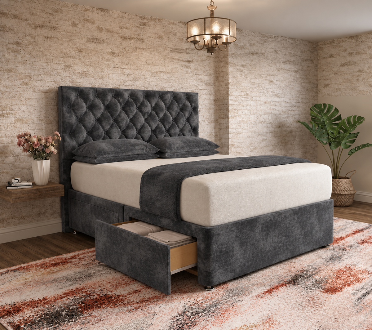 Mayfair Chesterfield Divan Bed - Charcoal Plush Velvet