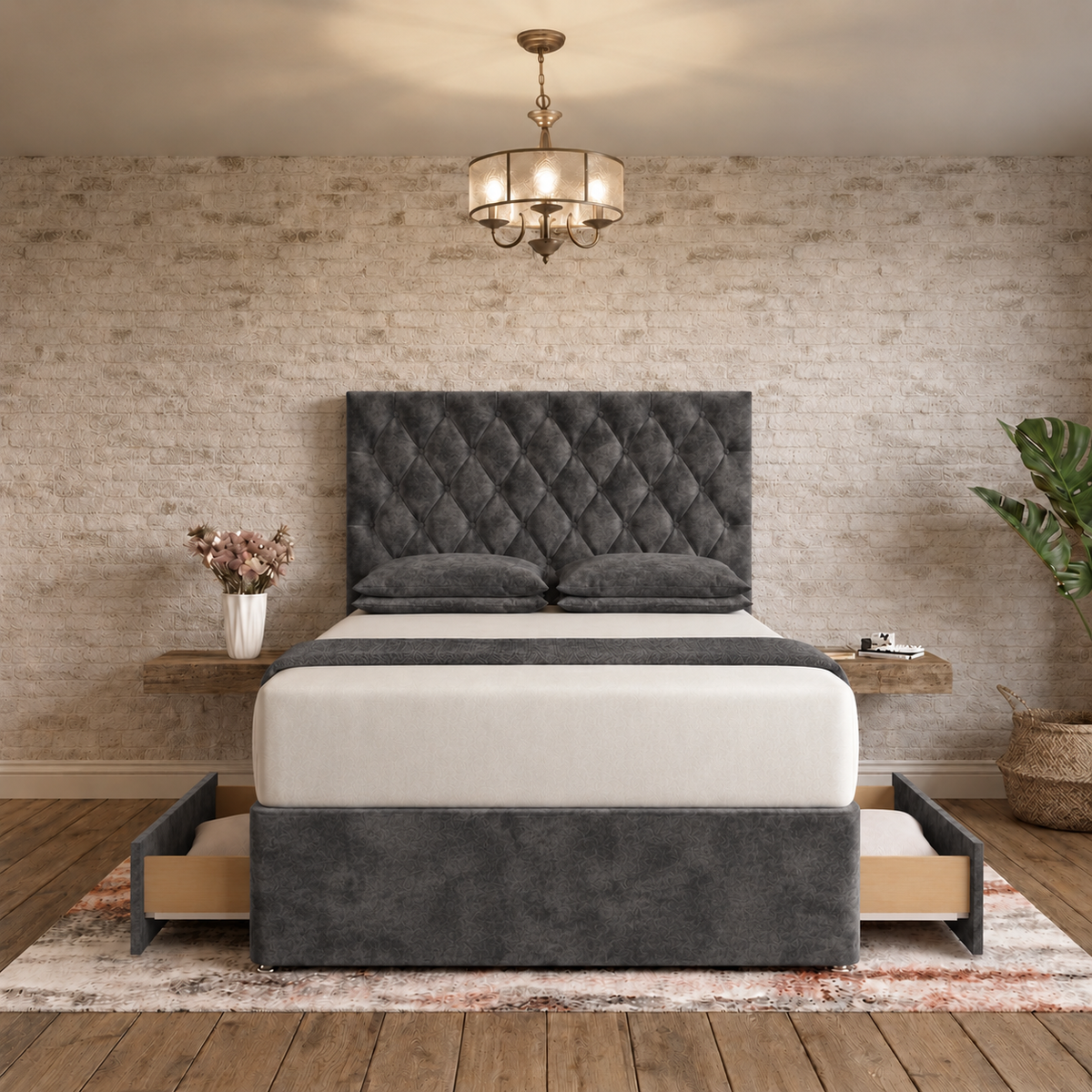 Mayfair Chesterfield Divan Bed - Charcoal Plush Velvet