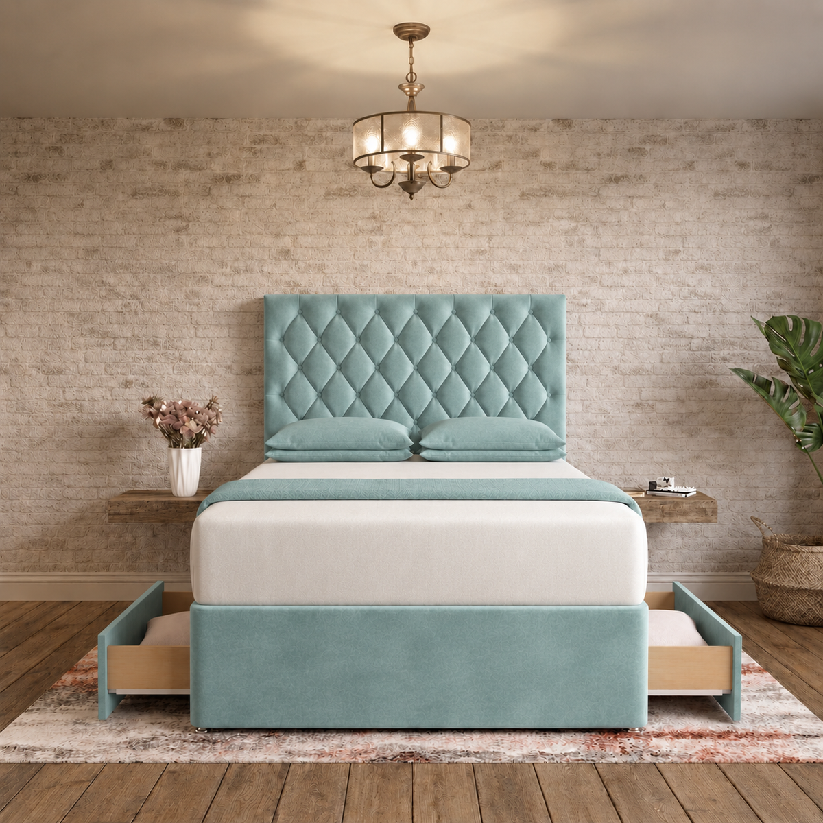 Mayfair Chesterfield Divan Bed - Duck Egg Plush Velvet