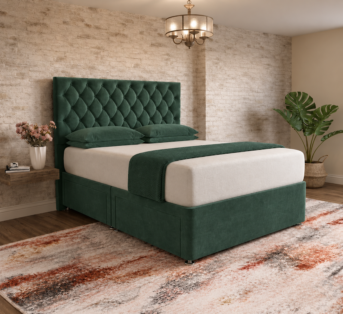 Mayfair Chesterfield Divan Bed - Green Plush Velvet