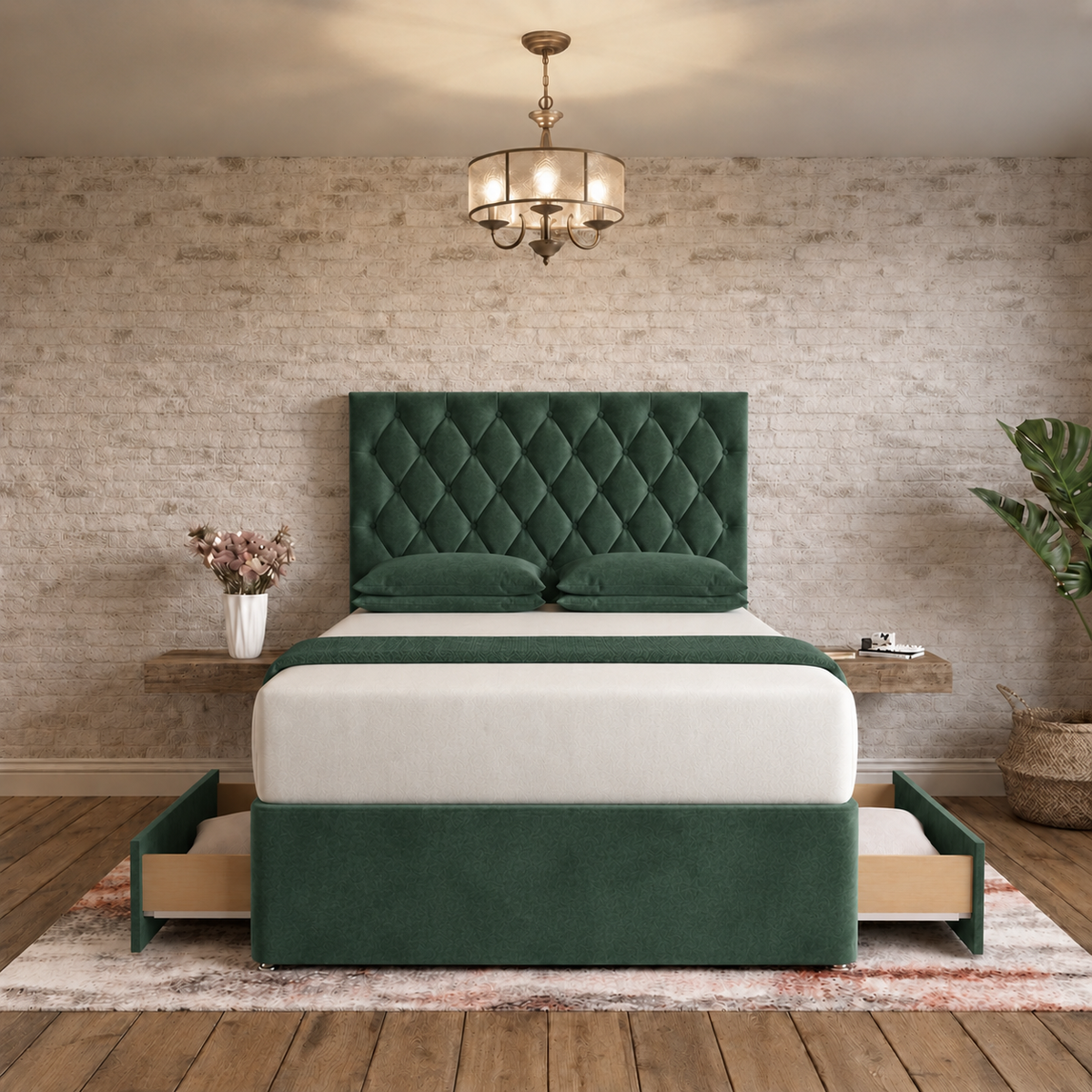Mayfair Chesterfield Divan Bed - Green Plush Velvet