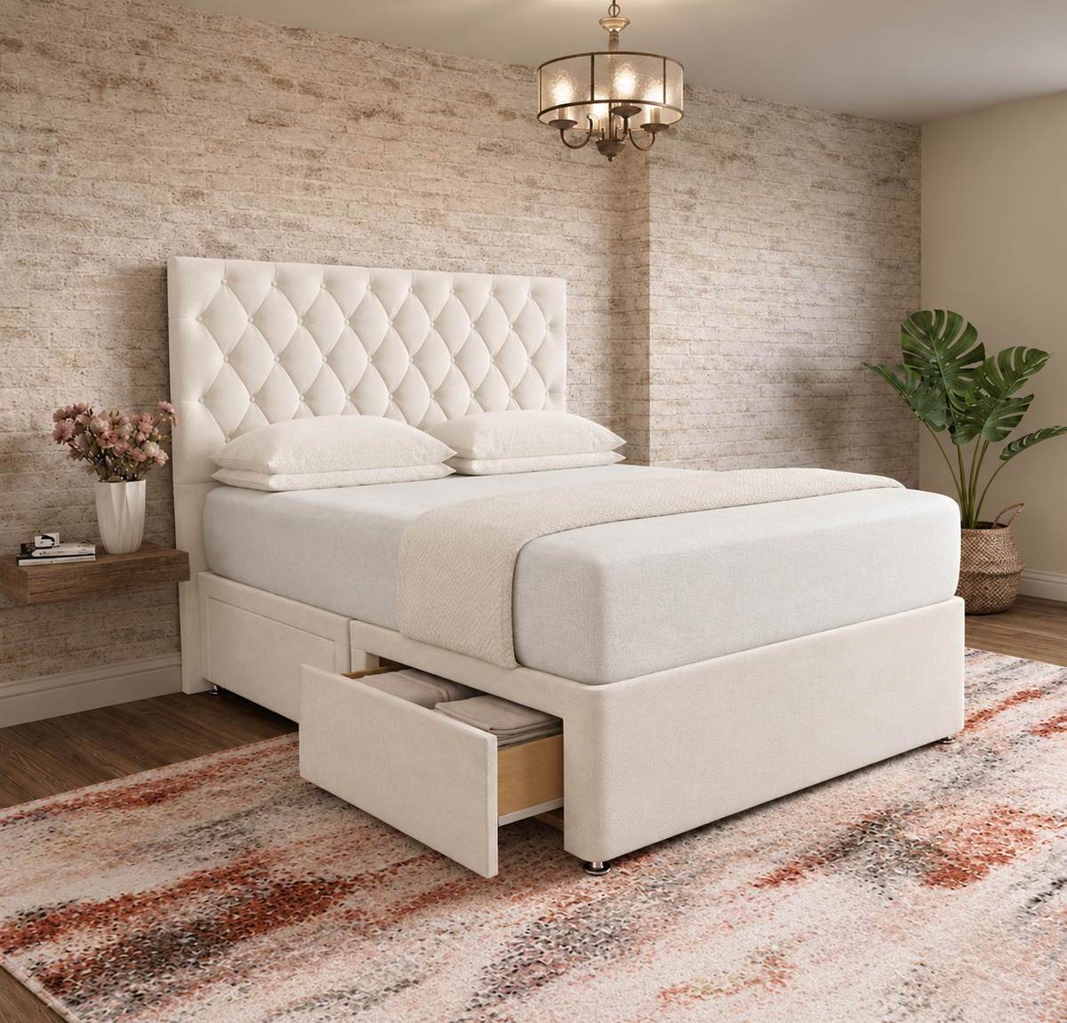 Mayfair Chesterfield Divan Bed - Ivory Plush Velvet