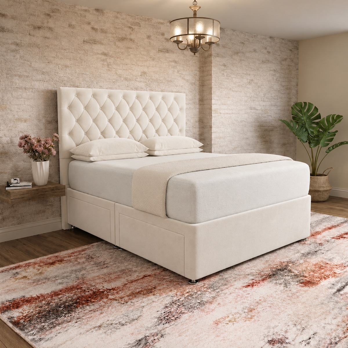 Mayfair Chesterfield Divan Bed - Ivory Plush Velvet