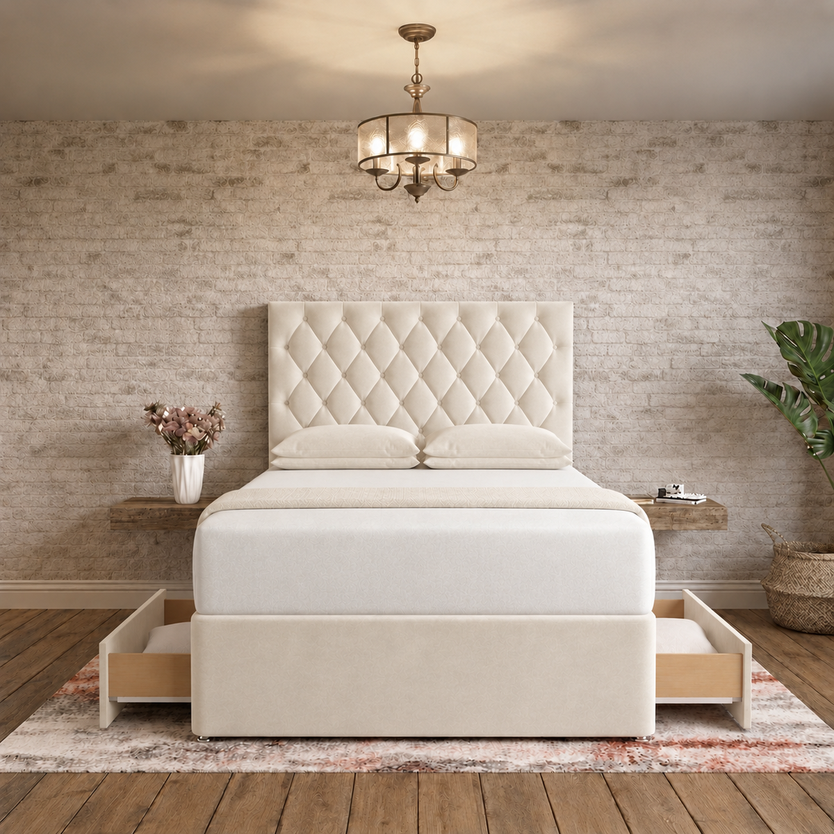 Mayfair Chesterfield Divan Bed - Ivory Plush Velvet