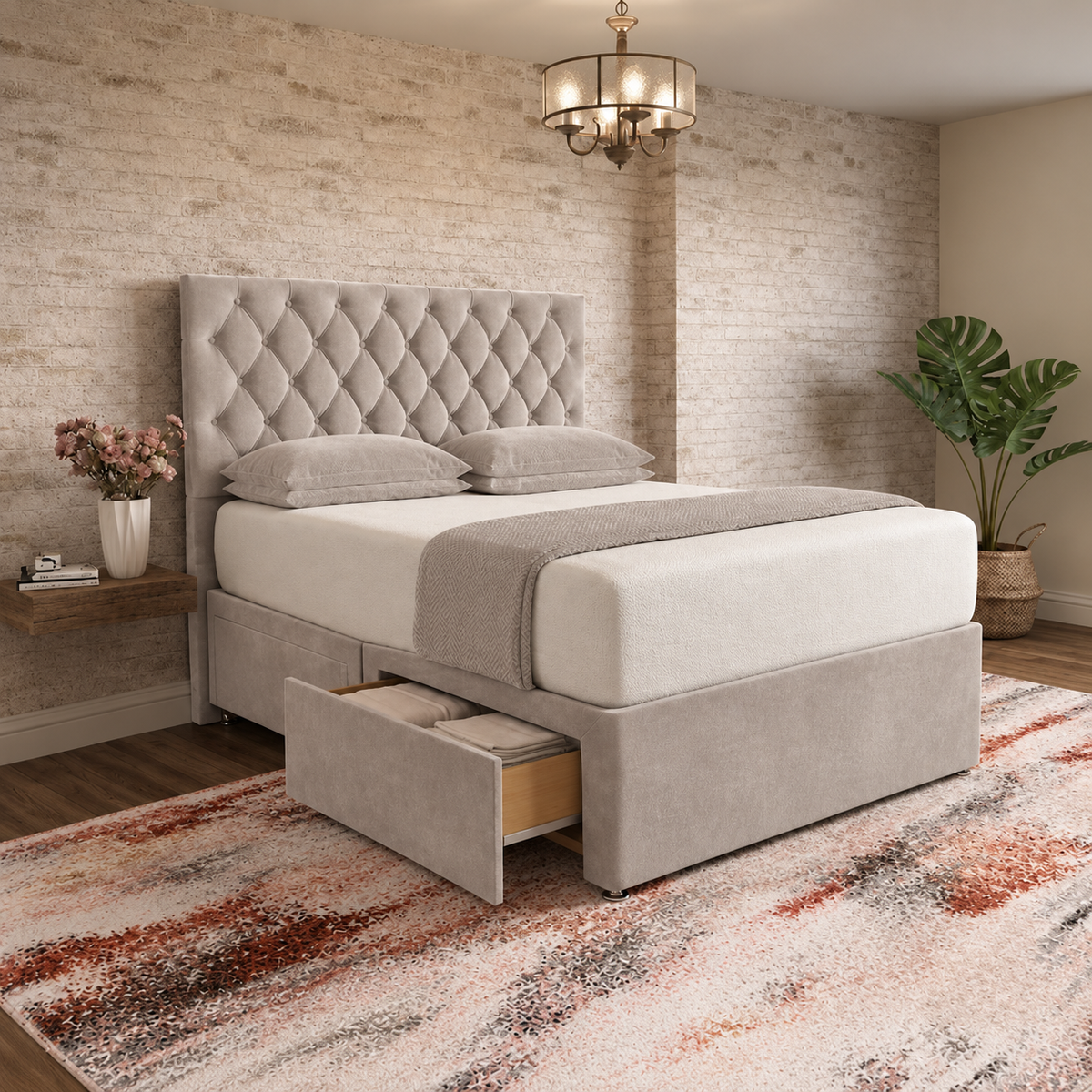 Mayfair Chesterfield Divan Bed - Light Grey Plush Velvet