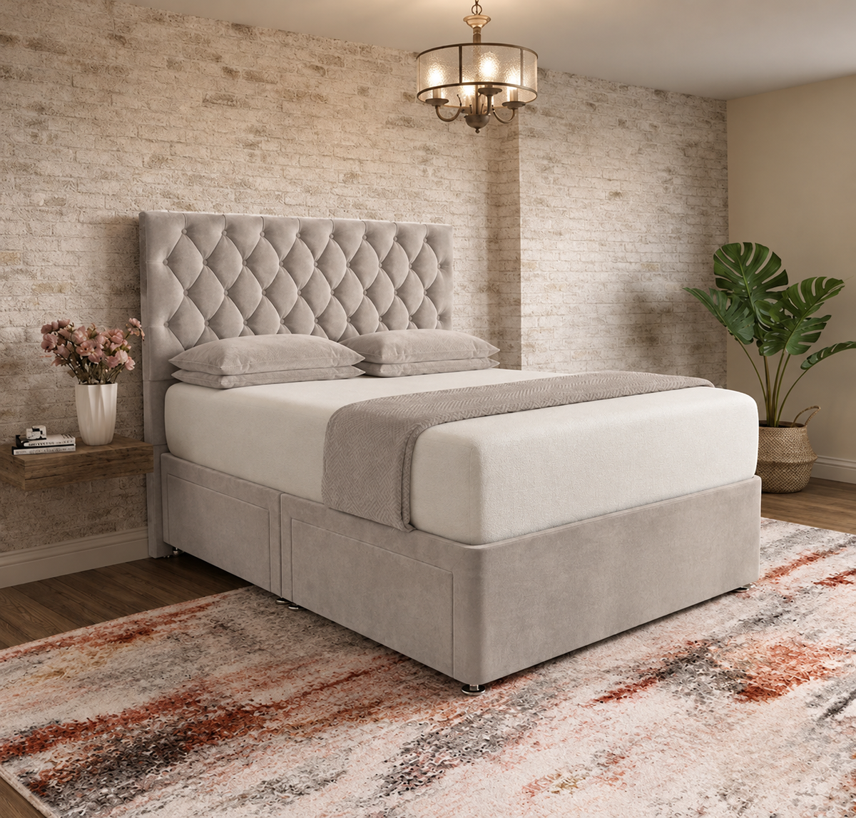 Mayfair Chesterfield Divan Bed - Light Grey Plush Velvet