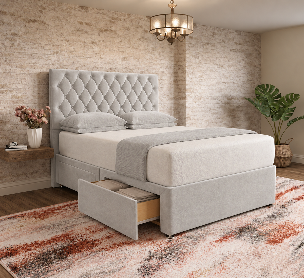 Mayfair Chesterfield Divan Bed - Silver Plush Velvet