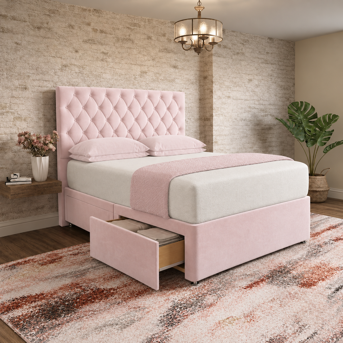 Mayfair Chesterfield Divan Bed - Soft Pink Plush Velvet