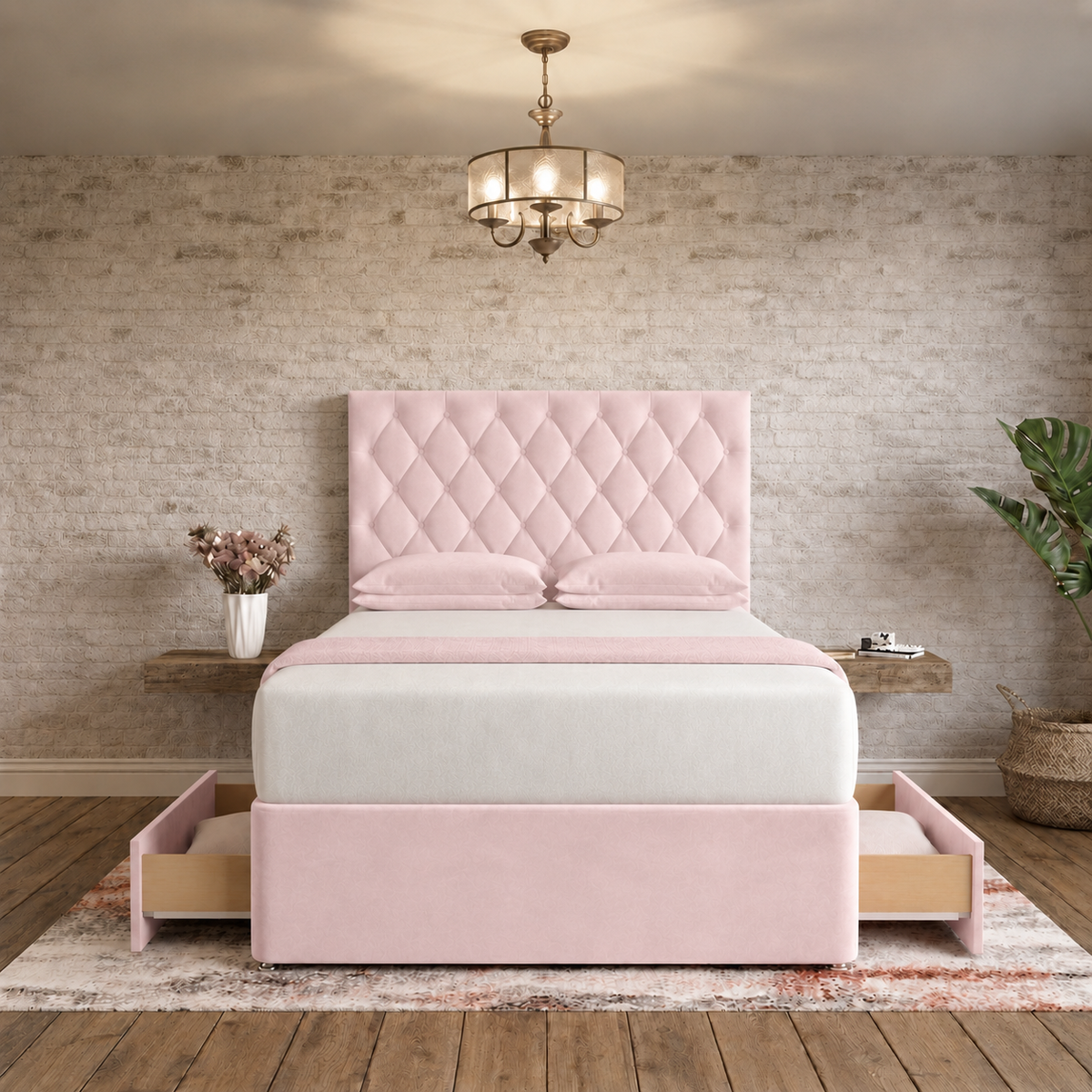 Mayfair Chesterfield Divan Bed - Soft Pink Plush Velvet