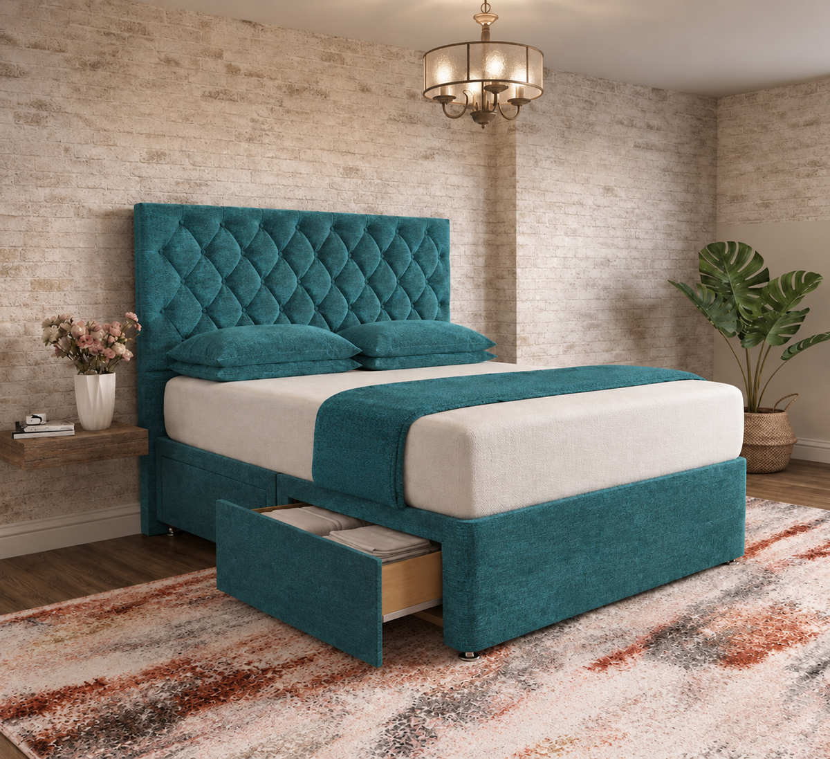 Mayfair Chesterfield Divan Bed - Teal Linen